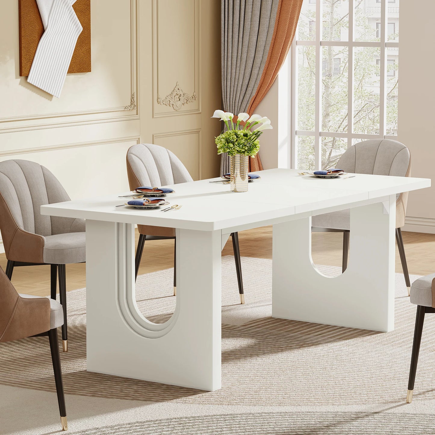 Tribesigns Modern Dining Table for 6 to 8 People, 71" Large Kitchen Dining Table with Wood Pedestal Base,