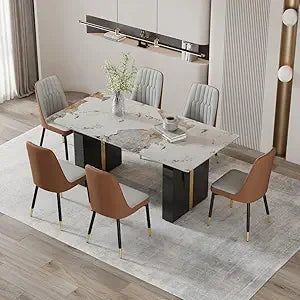 Rectangular White Marble-Look Dining Table for 6-8, 71" Long with Black and Gold Legs