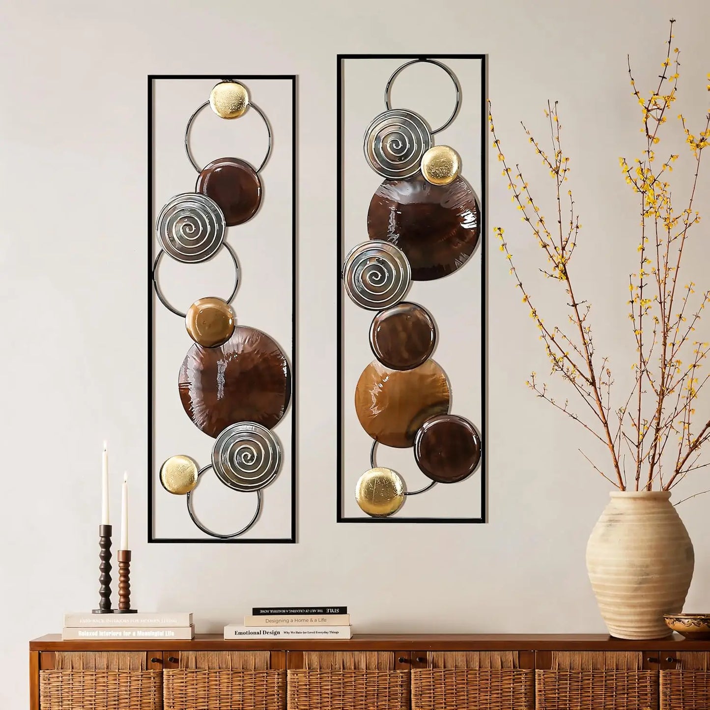 Metal Wall Art, 2 Pieces Abstract Wall Décor Brown Metal Decor, 36" x 12" Minimalist Sculptures Decor for Home