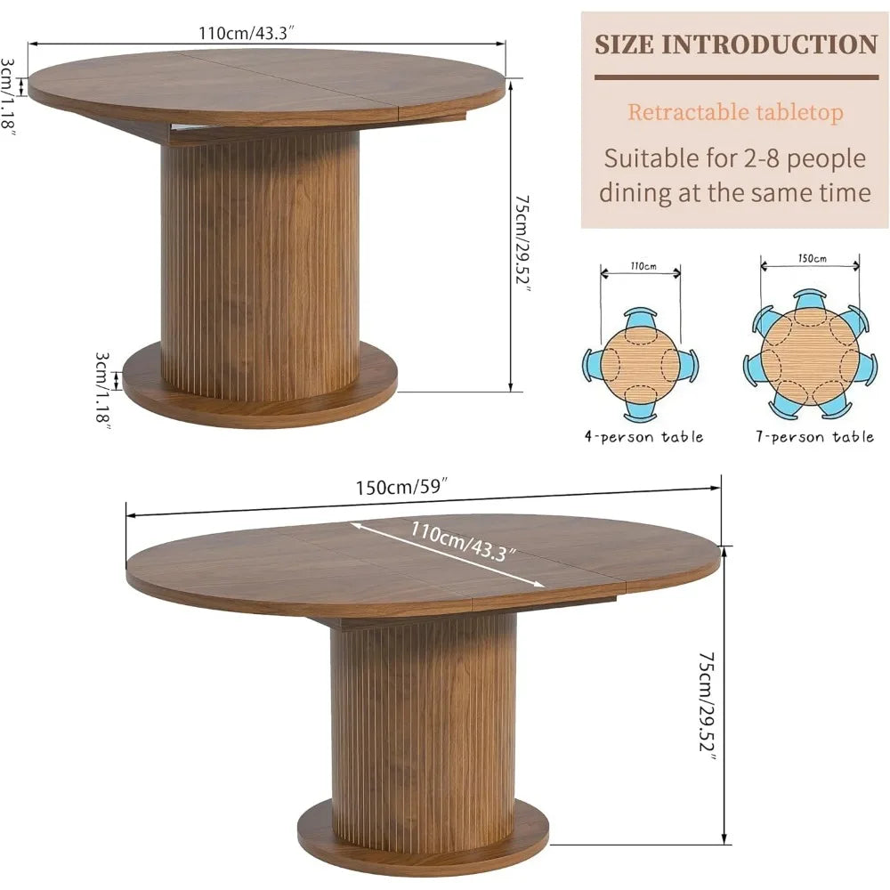 43.3 inch 59 inch Adjustable Size Round Dining Table for 4 6, Unique Design Modern Farmhouse Kitchen Table, Circle Dining Tables