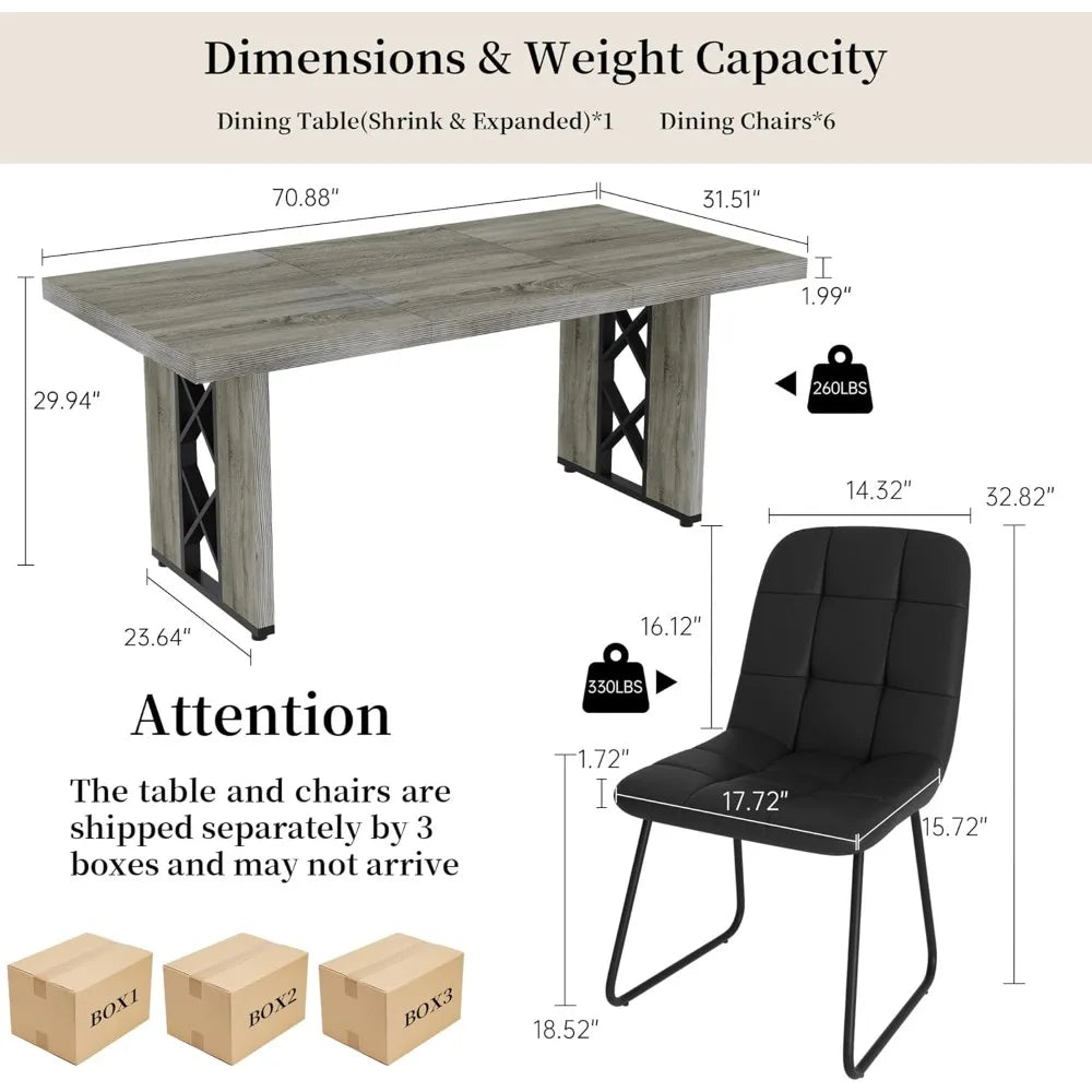 Space-Saving 7-Piece Dining Set for 6-8 People, 70.8 MDF Table with 6 Upholstered Chairs, Ideal for Kitchen and Breakfast Nook