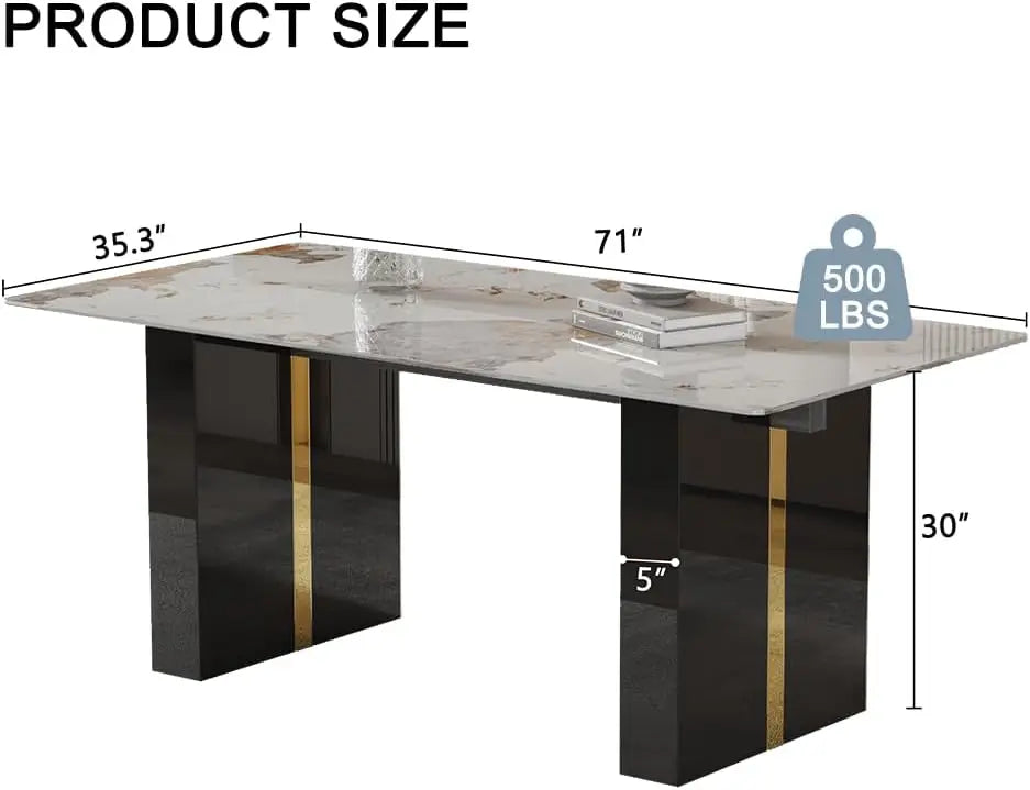 Rectangular White Marble-Look Dining Table for 6-8, 71" Long with Black and Gold Legs