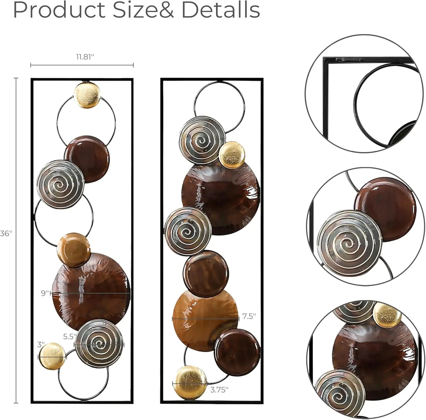 Metal Wall Art, 2 Pieces Abstract Wall Décor Brown Metal Decor, 36" x 12" Minimalist Sculptures Decor for Home