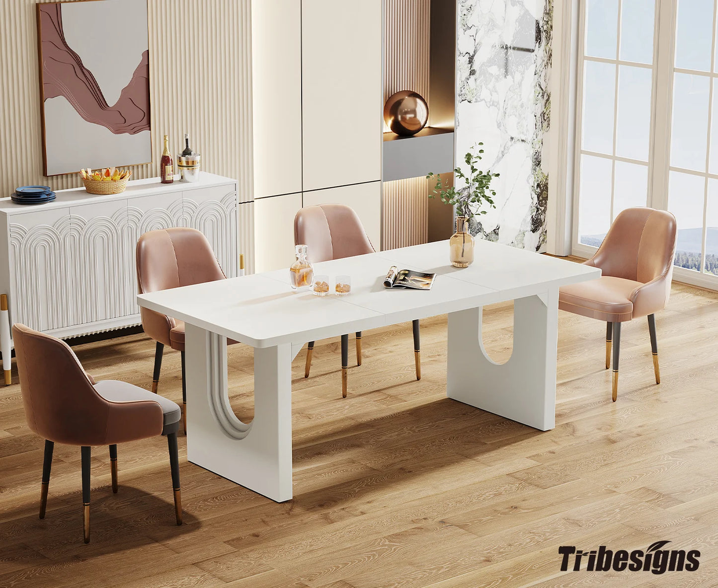 Tribesigns Modern Dining Table for 6 to 8 People, 71" Large Kitchen Dining Table with Wood Pedestal Base,