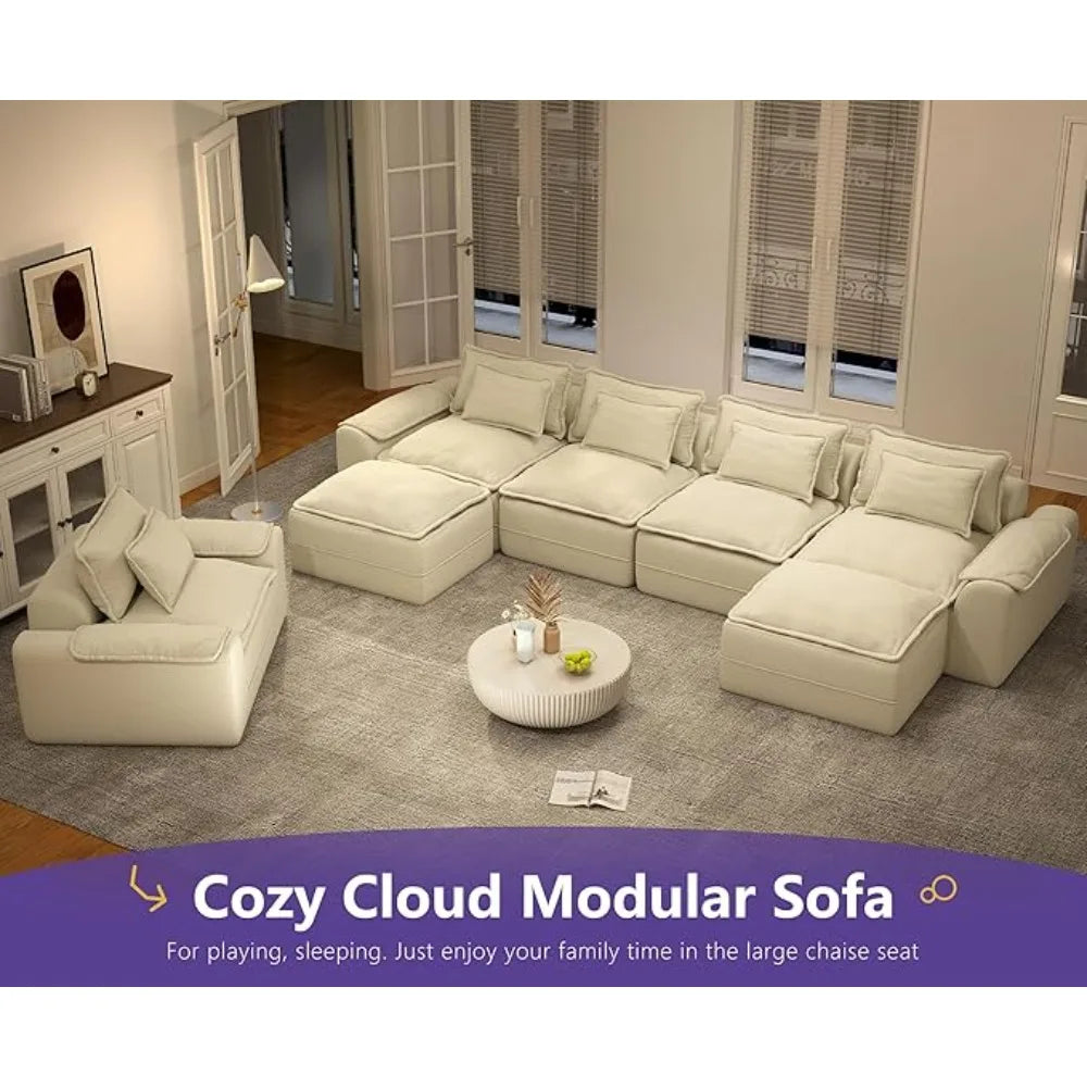 152" Cloud Modular Sectional – U-Shaped 4-Seater Couch with Ottomans, Deep Seat & Removable Cover for Living Room