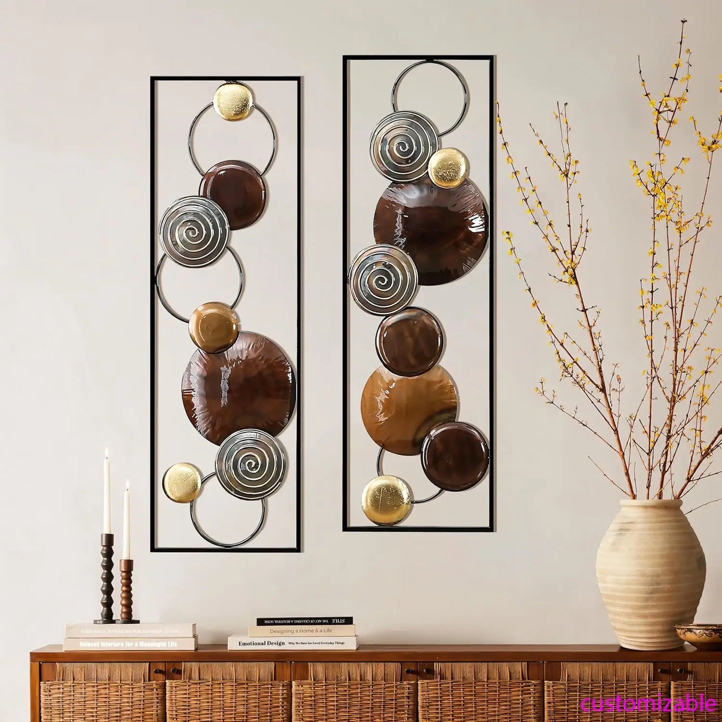 Metal Wall Art, 2 Pieces Abstract Wall Décor Brown Metal Decor, 36" x 12" Minimalist Sculptures Decor for Home