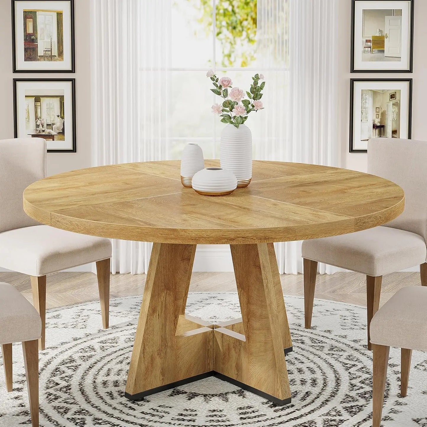 47 inch Round Dining Table Wood Kitchen Table for Dining Room, 47" Dinner Room Tables for 4-6, Farmhouse Accent