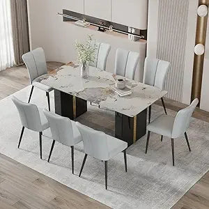 Rectangular White Marble-Look Dining Table for 6-8, 71" Long with Black and Gold Legs