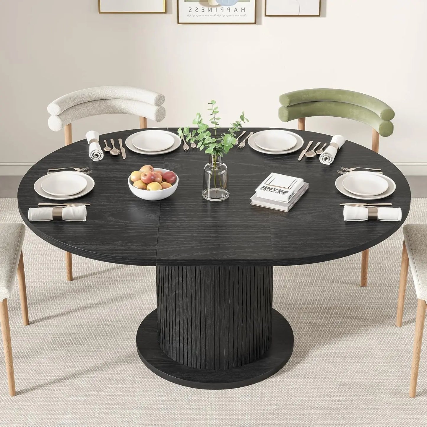 43.3 inch 59 inch Adjustable Size Round Dining Table for 4 6, Unique Design Modern Farmhouse Kitchen Table, Circle Dining Tables