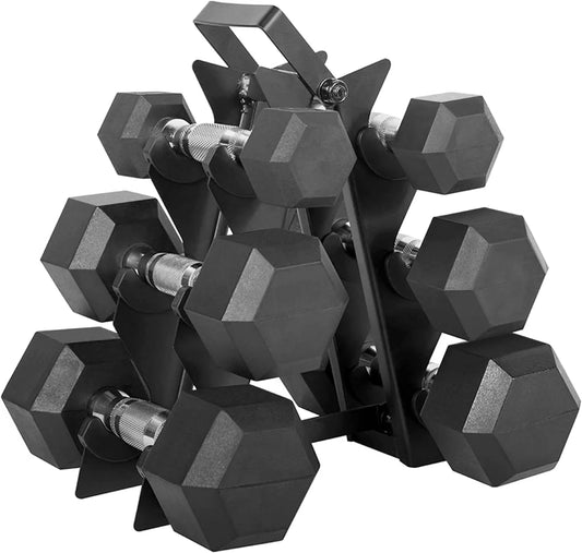 Essentials Bundle - 100lb Coated Hex Dumbbell Weight Set with Vertical Rack