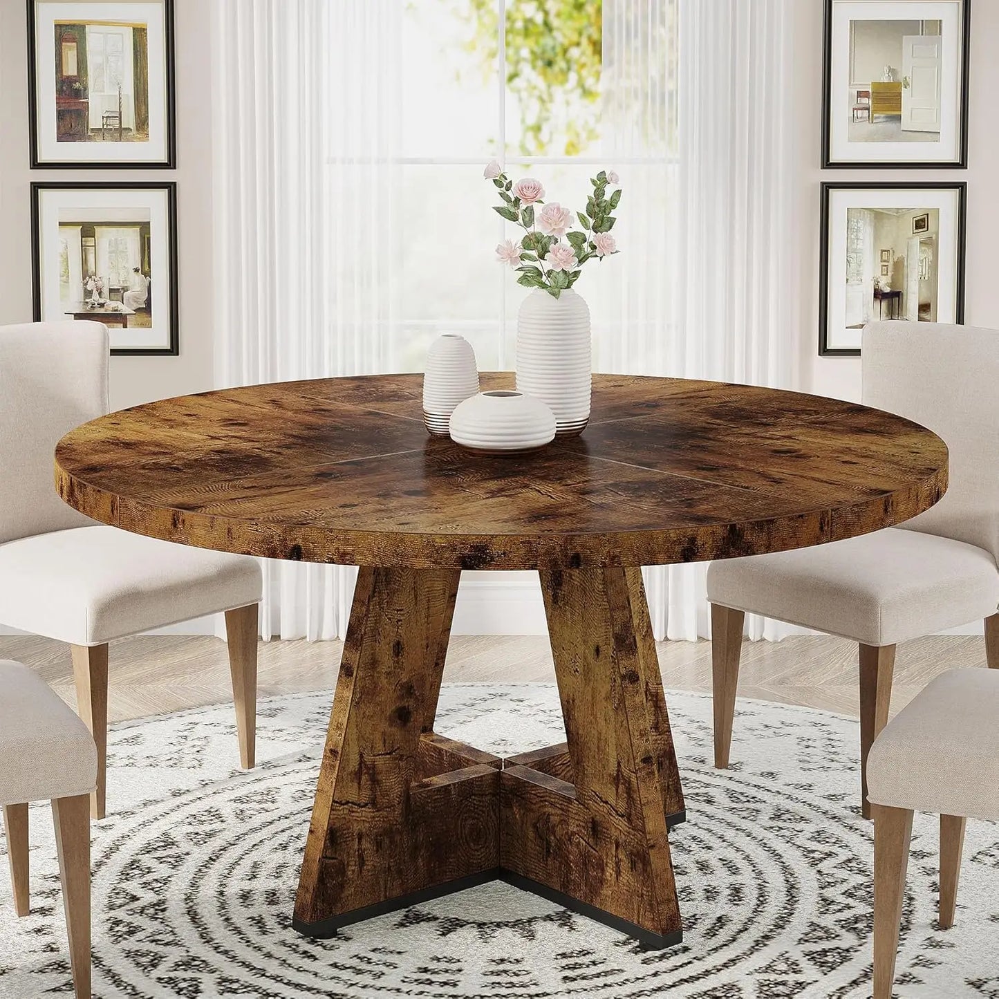 47 inch Round Dining Table Wood Kitchen Table for Dining Room, 47" Dinner Room Tables for 4-6, Farmhouse Accent