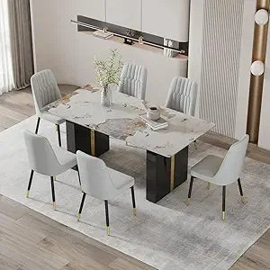 Rectangular White Marble-Look Dining Table for 6-8, 71" Long with Black and Gold Legs