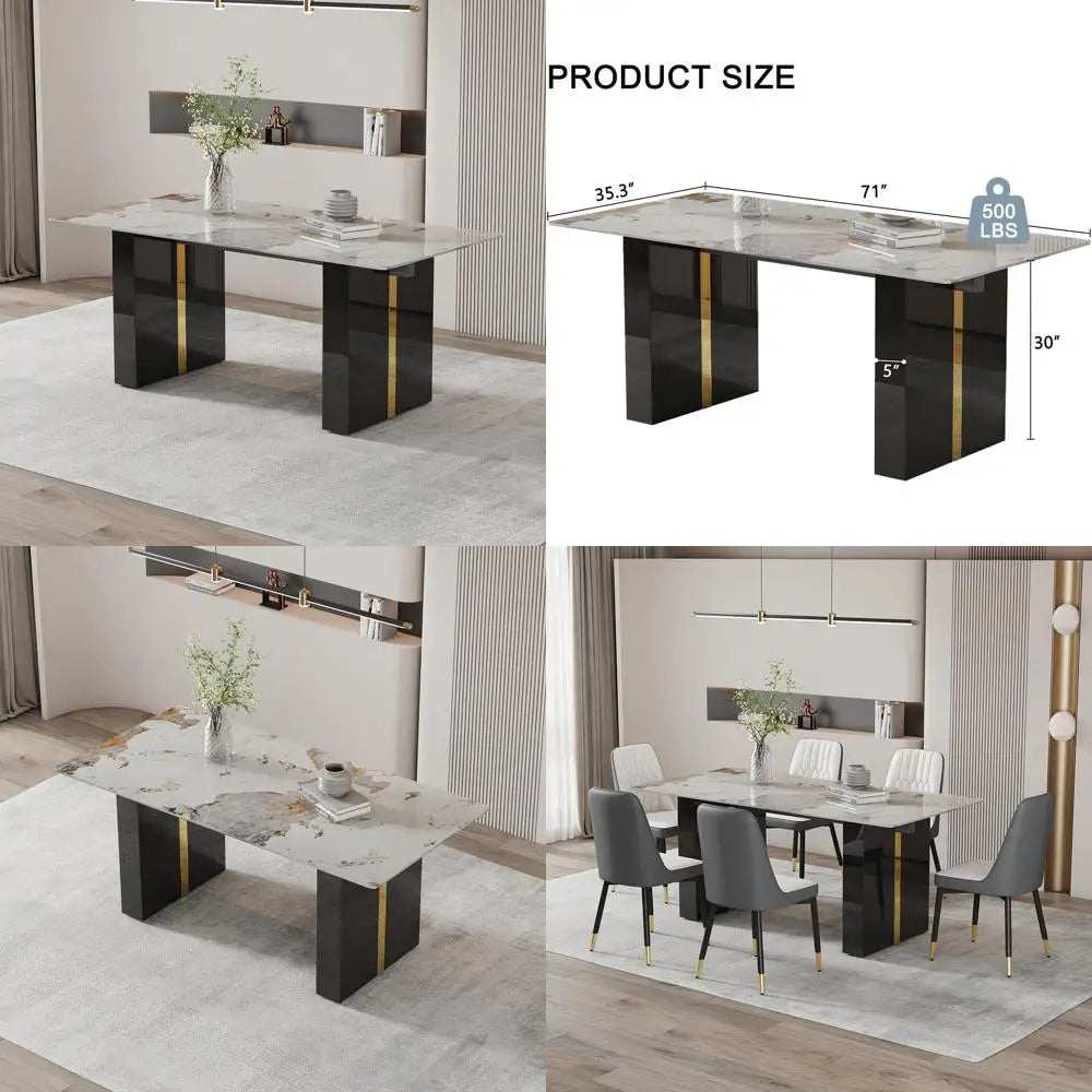 Rectangular White Marble-Look Dining Table for 6-8, 71" Long with Black and Gold Legs