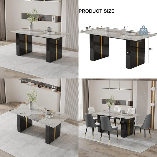 Rectangular White Marble-Look Dining Table for 6-8, 71" Long with Black and Gold Legs