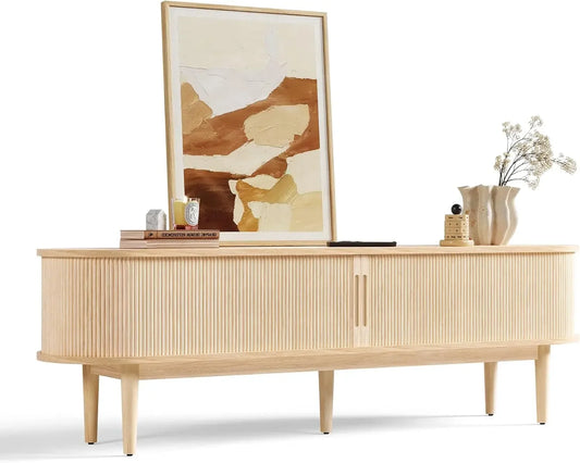 Fluted TV Stand for 75" TV, Mid-Century Modern 70" Entertainment Center with Sliding Tambour Door