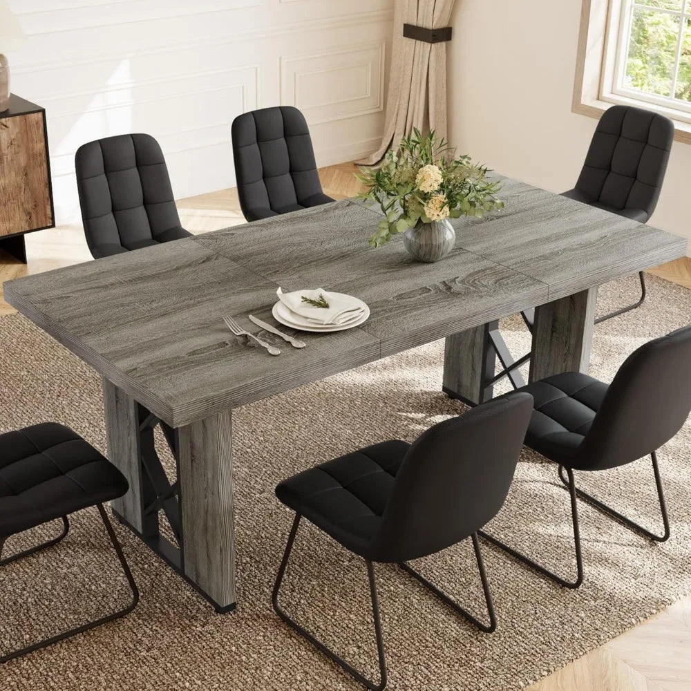 Space-Saving 7-Piece Dining Set for 6-8 People, 70.8 MDF Table with 6 Upholstered Chairs, Ideal for Kitchen and Breakfast Nook