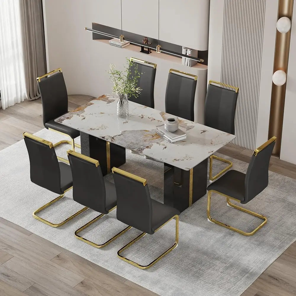 Rectangular White Marble-Look Dining Table for 6-8, 71" Long with Black and Gold Legs