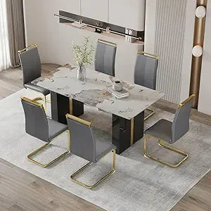 Rectangular White Marble-Look Dining Table for 6-8, 71" Long with Black and Gold Legs