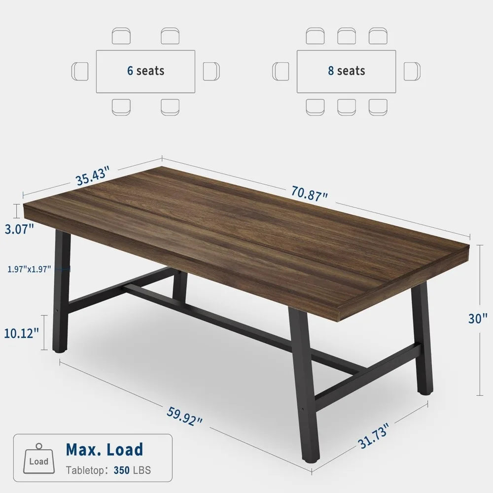 Industrial Dining Table for 6-8 People, 70.87 in Long Wooden Kitchen Table with Sturdy Metal Frame & Rustic Brown Finish