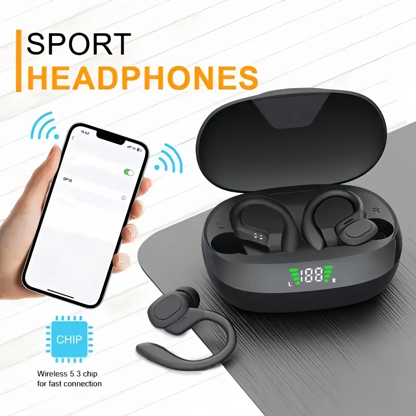 True Wireless Earbuds, Tws Headphones with Microphone, Sports Ear Clip Headphones, Stereo In-Ear Headphones with Led Display