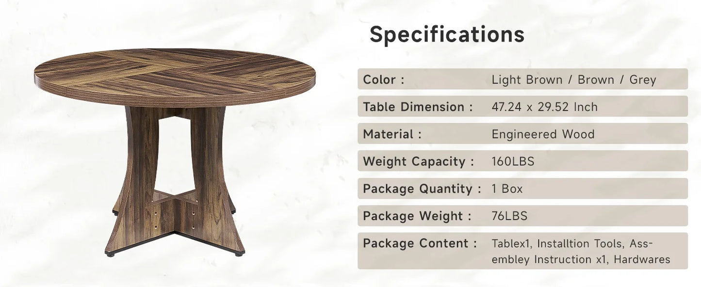 47.2 inch Round Dining Table, Wood Kitchen Table  for 4-6 People, Small Circle Farmhouse Dinner Table for Dining Room, Restauran