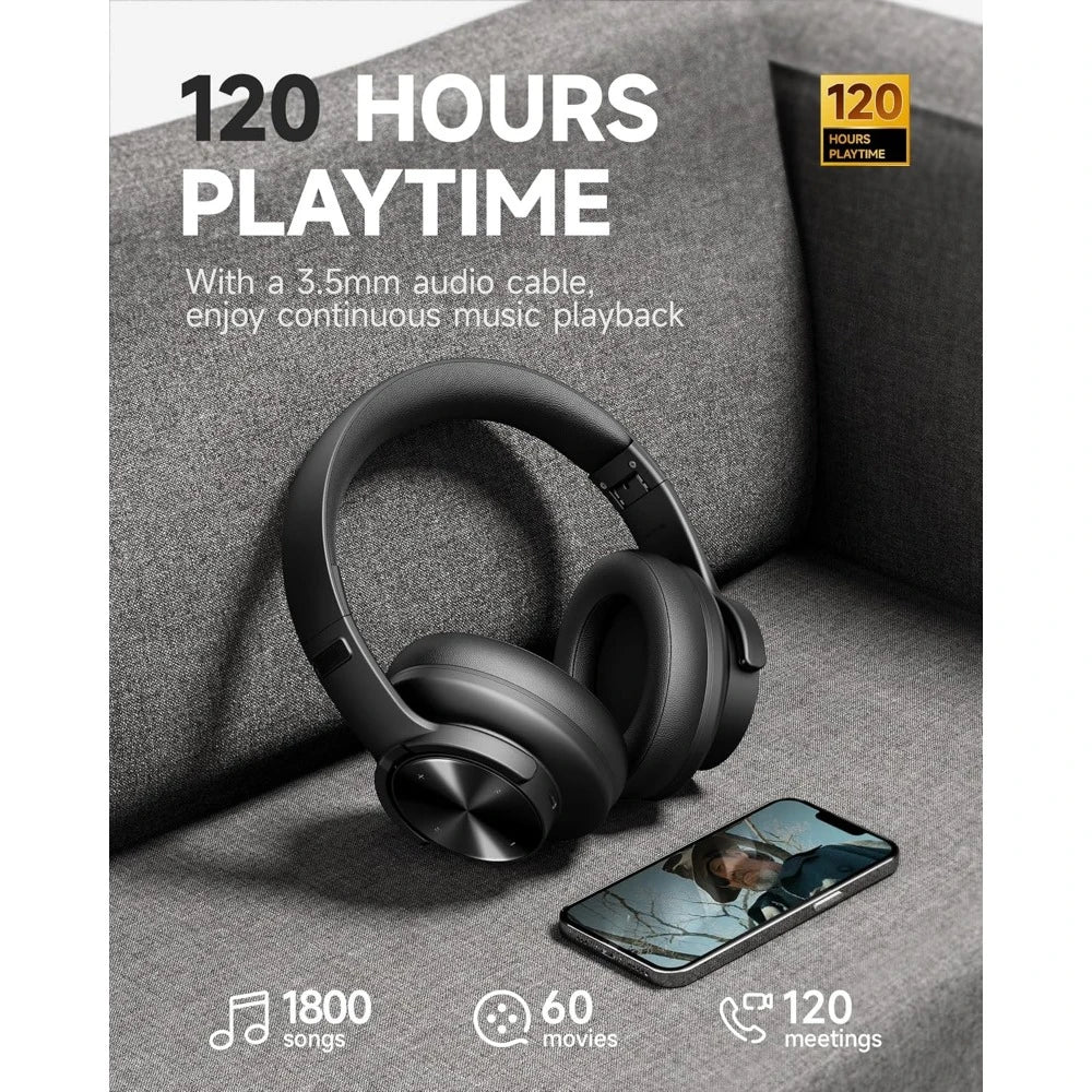 ‌Upgraded Bluetooth Headphones: 120H Playtime, 3 EQ Modes, Deep Bass, Mic - Comfortable Over-Ear for Home, Travel, Office