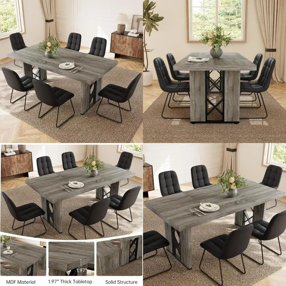 Space-Saving 7-Piece Dining Set for 6-8 People, 70.8 MDF Table with 6 Upholstered Chairs, Ideal for Kitchen and Breakfast Nook