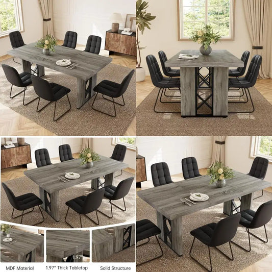 Space-Saving 7-Piece Dining Set for 6-8 People, 70.8 MDF Table with 6 Upholstered Chairs, Ideal for Kitchen and Breakfast Nook
