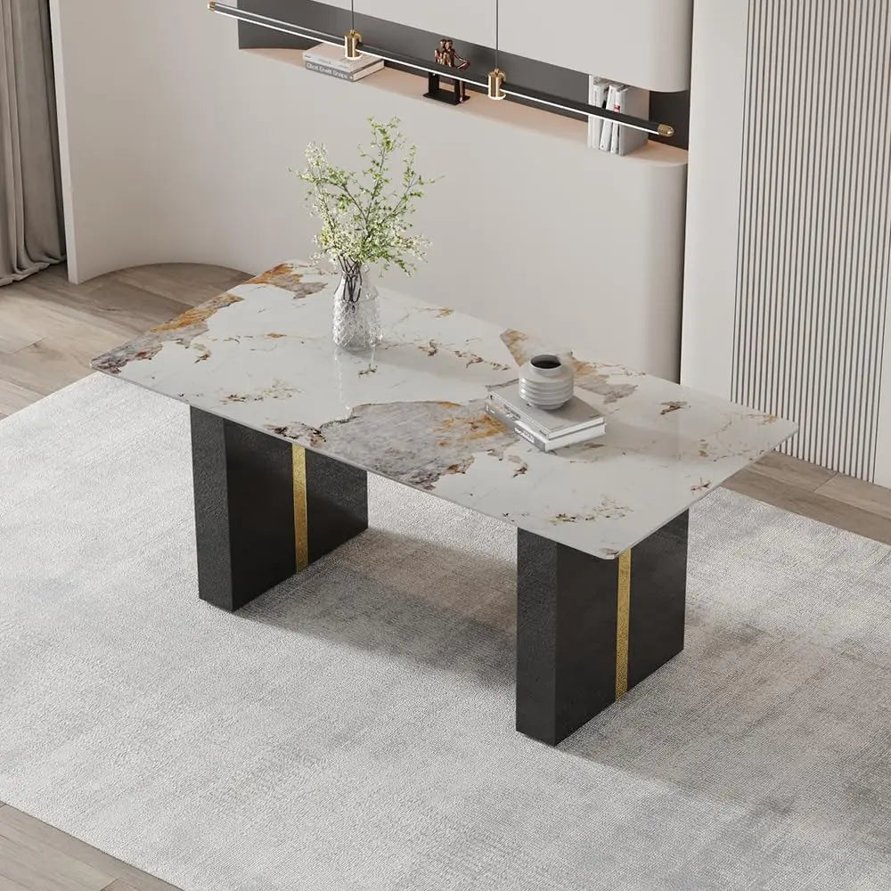 Rectangular White Marble-Look Dining Table for 6-8, 71" Long with Black and Gold Legs
