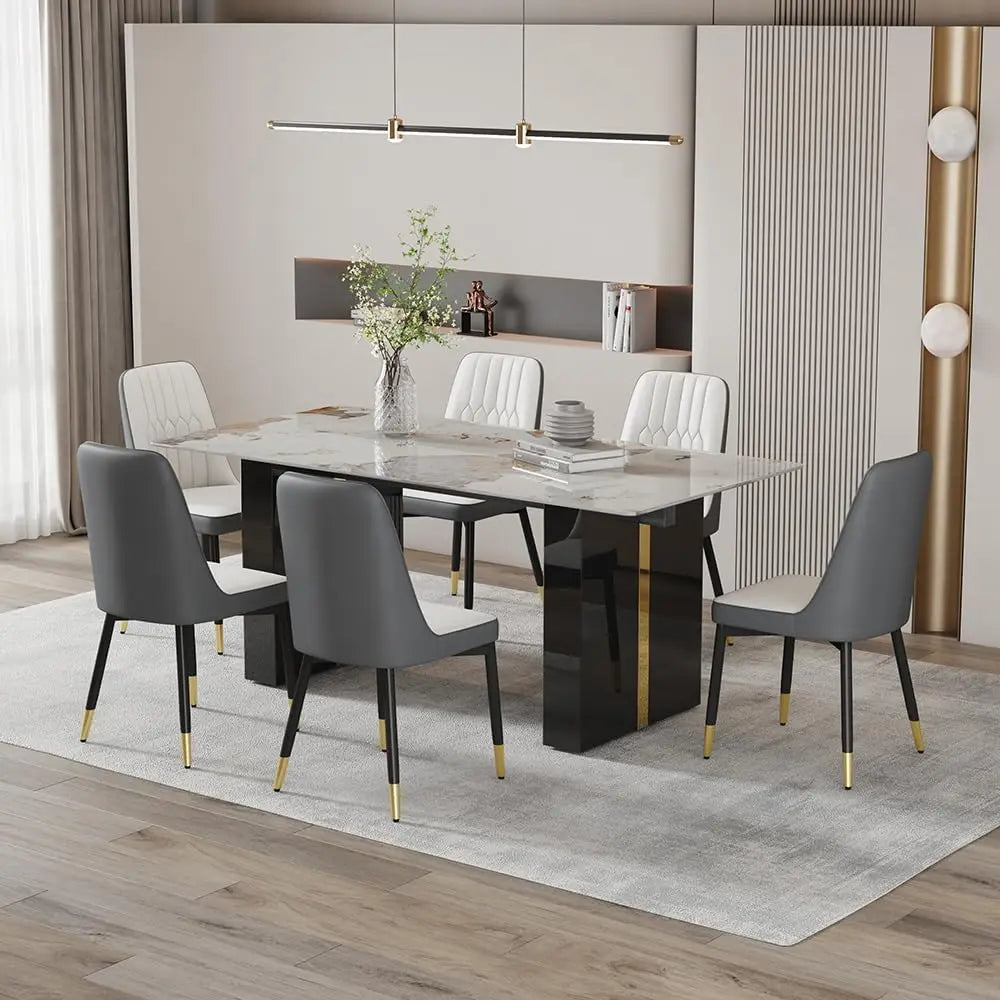 Rectangular White Marble-Look Dining Table for 6-8, 71" Long with Black and Gold Legs