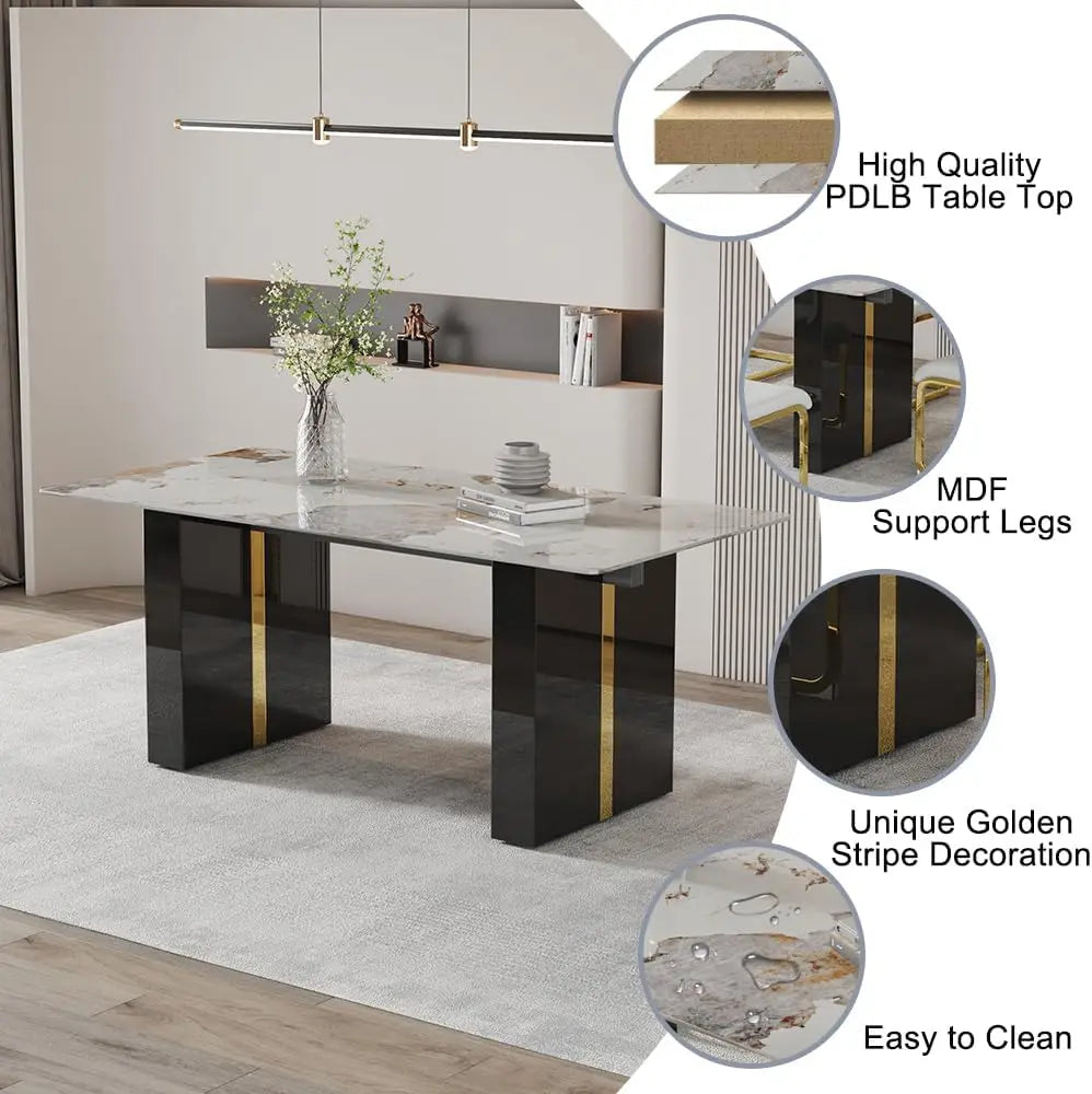Rectangular White Marble-Look Dining Table for 6-8, 71" Long with Black and Gold Legs