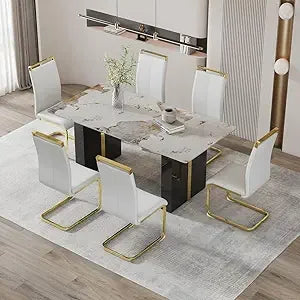Rectangular White Marble-Look Dining Table for 6-8, 71" Long with Black and Gold Legs
