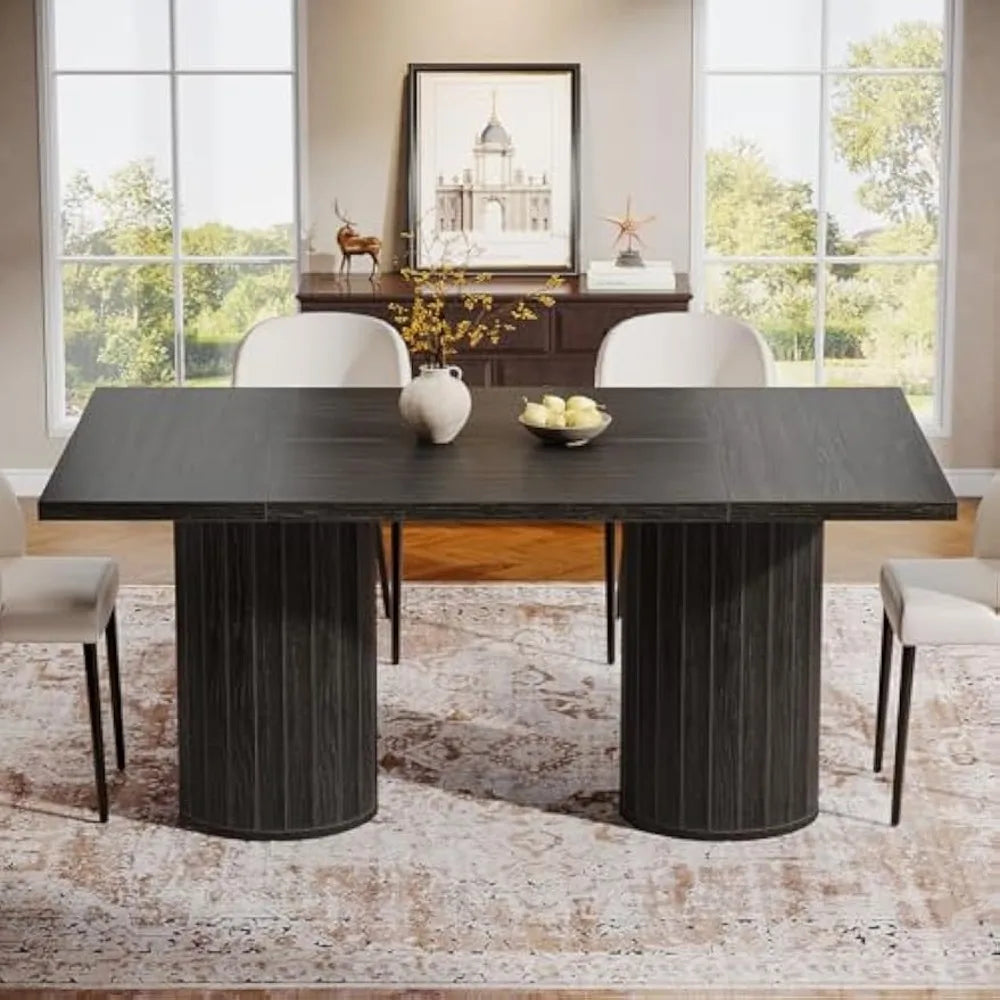 63" Rectangular Modern Dining Table for 6, Cylindrical Base Kitchen Table for Living Room