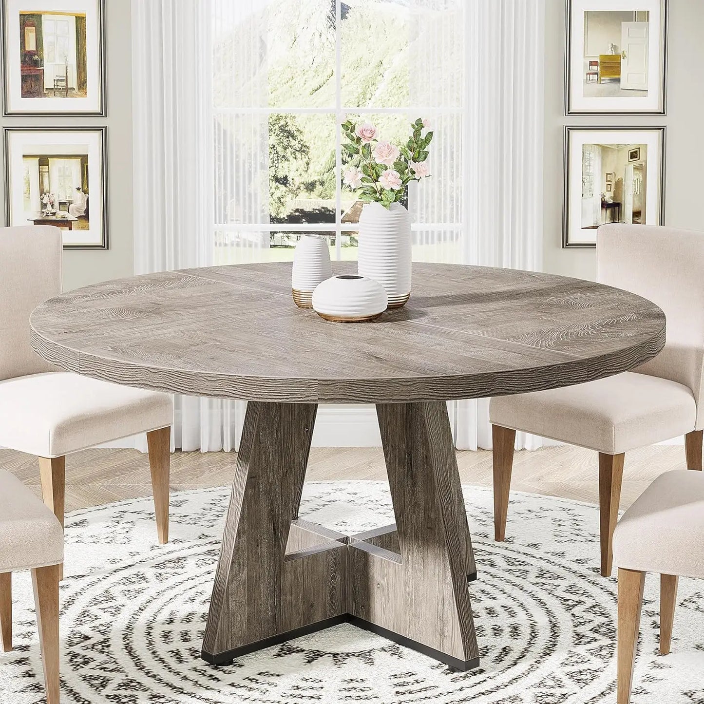 47 inch Round Dining Table Wood Kitchen Table for Dining Room, 47" Dinner Room Tables for 4-6, Farmhouse Accent