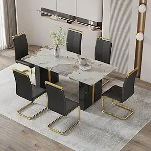Rectangular White Marble-Look Dining Table for 6-8, 71" Long with Black and Gold Legs