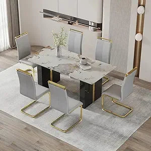 Rectangular White Marble-Look Dining Table for 6-8, 71" Long with Black and Gold Legs