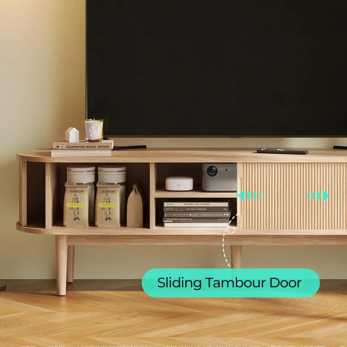 Fluted TV Stand for 75" TV, Mid-Century Modern 70" Entertainment Center with Sliding Tambour Door