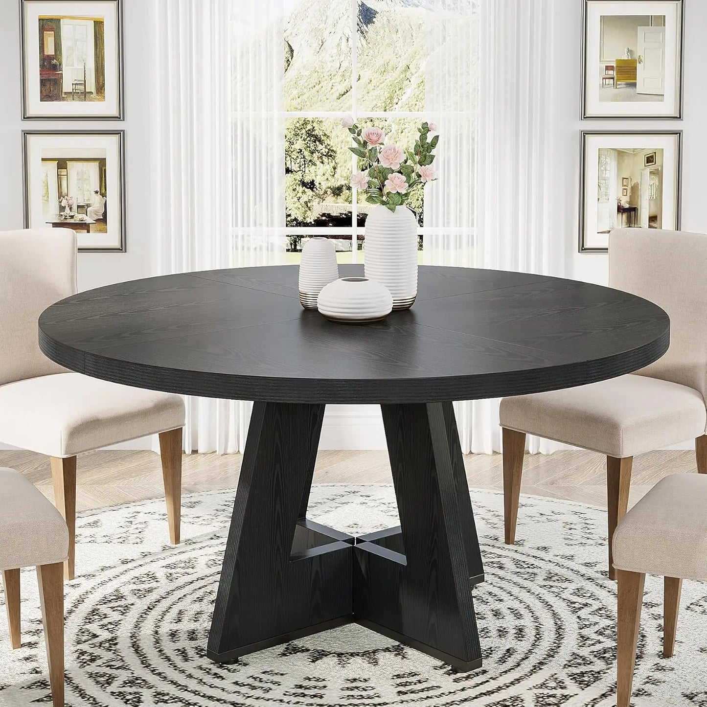 47 inch Round Dining Table Wood Kitchen Table for Dining Room, 47" Dinner Room Tables for 4-6, Farmhouse Accent