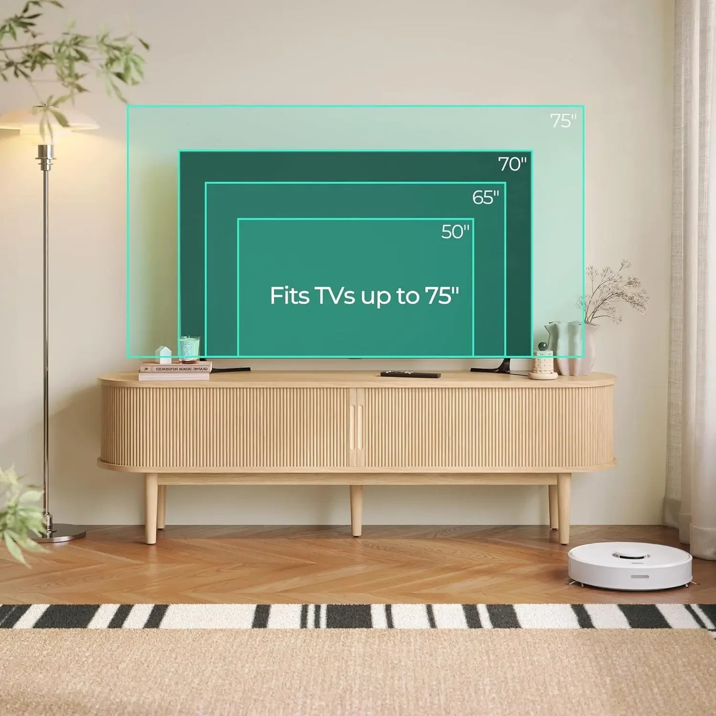 Fluted TV Stand for 75" TV, Mid-Century Modern 70" Entertainment Center with Sliding Tambour Door