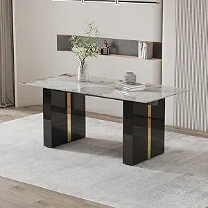 Rectangular White Marble-Look Dining Table for 6-8, 71" Long with Black and Gold Legs