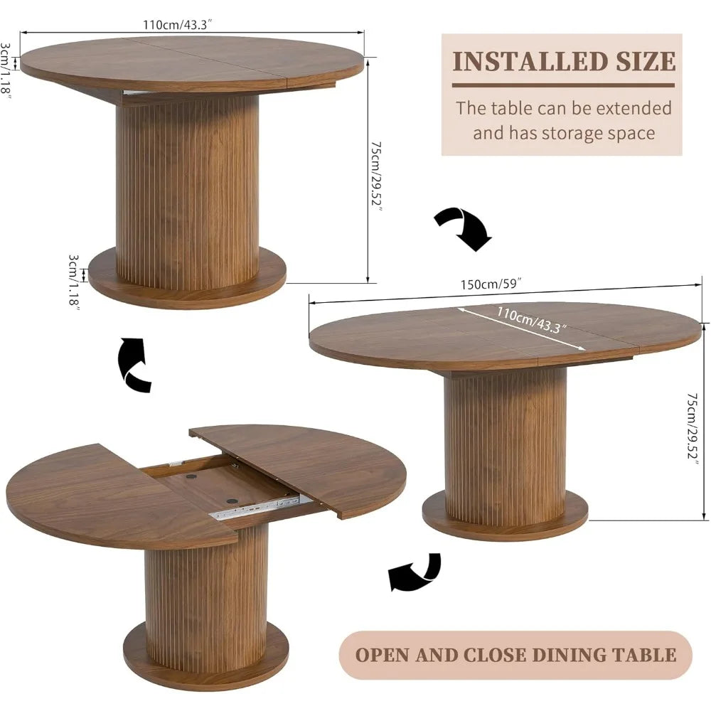 43.3 inch 59 inch Adjustable Size Round Dining Table for 4 6, Unique Design Modern Farmhouse Kitchen Table, Circle Dining Tables