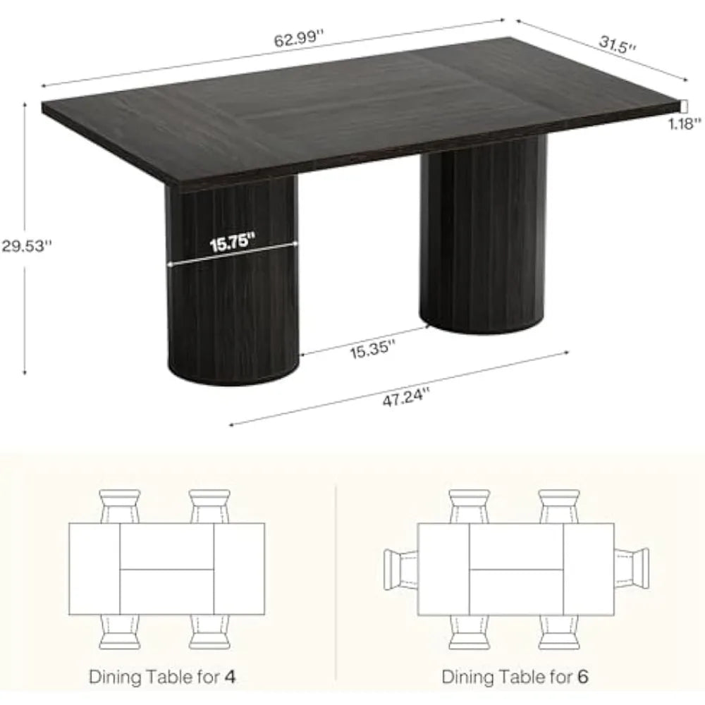 63" Rectangular Modern Dining Table for 6, Cylindrical Base Kitchen Table for Living Room