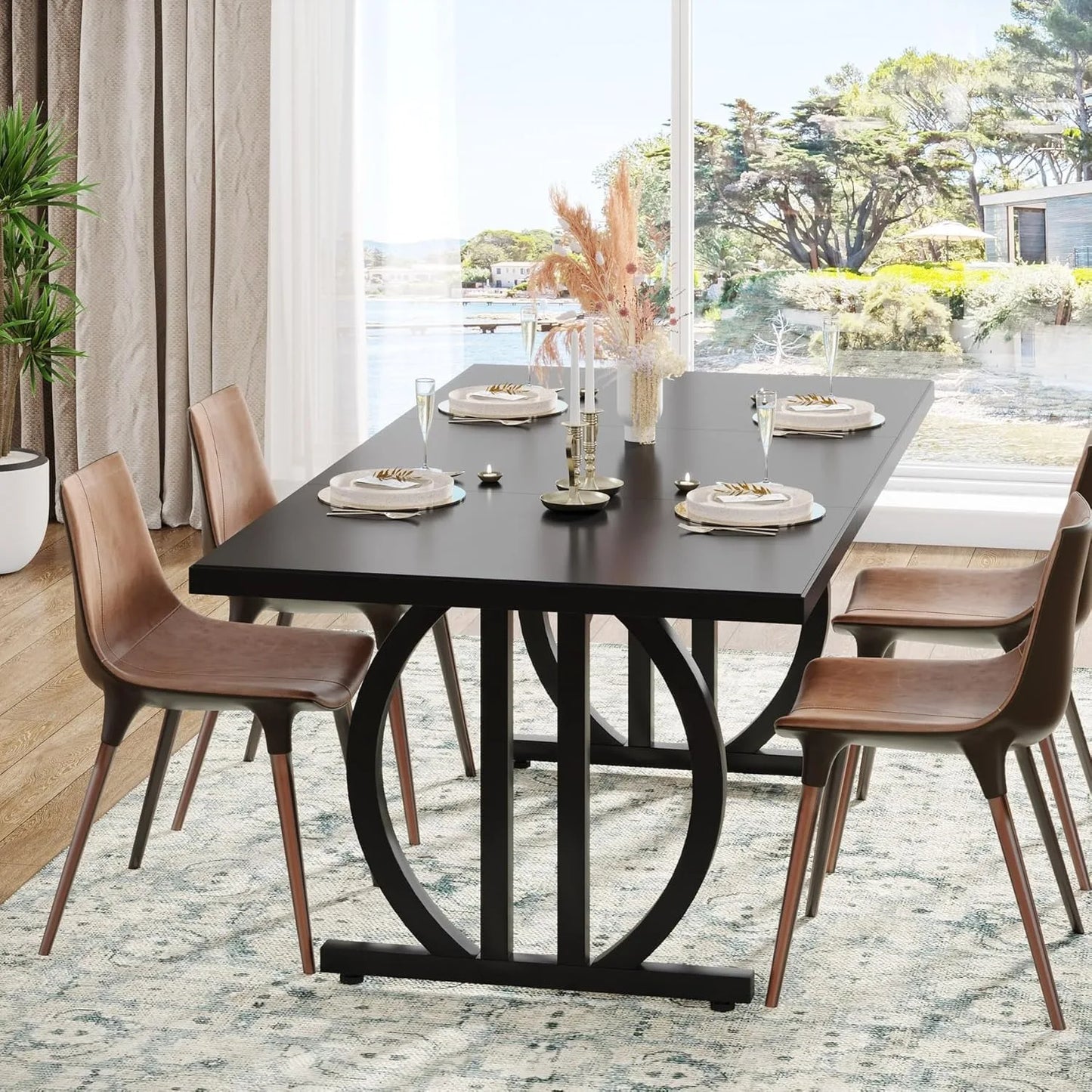 LITTLE TREE Modern Dining Table for 4-6 People, 63" Large Rectangular Kitchen Table, Unique Dinner Table Kitchen,Dining Room